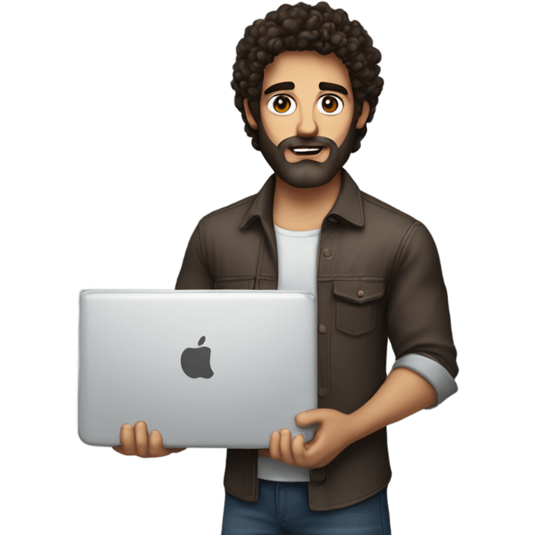 Web designer carrying a computer in his hands. métis men with curly dark brown hair, brown eyes, little grown beard. imposing, muscular build. emoji