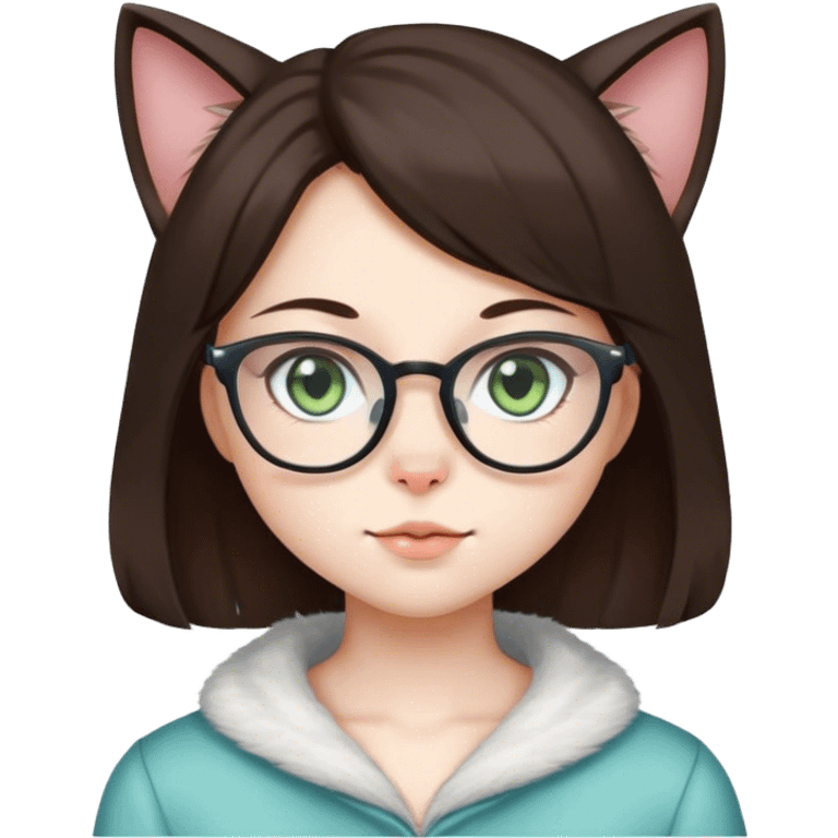 Anime, cat-lady, dark brown hair, square glasses, hazel-green-blue eyes, pale ski, emoji