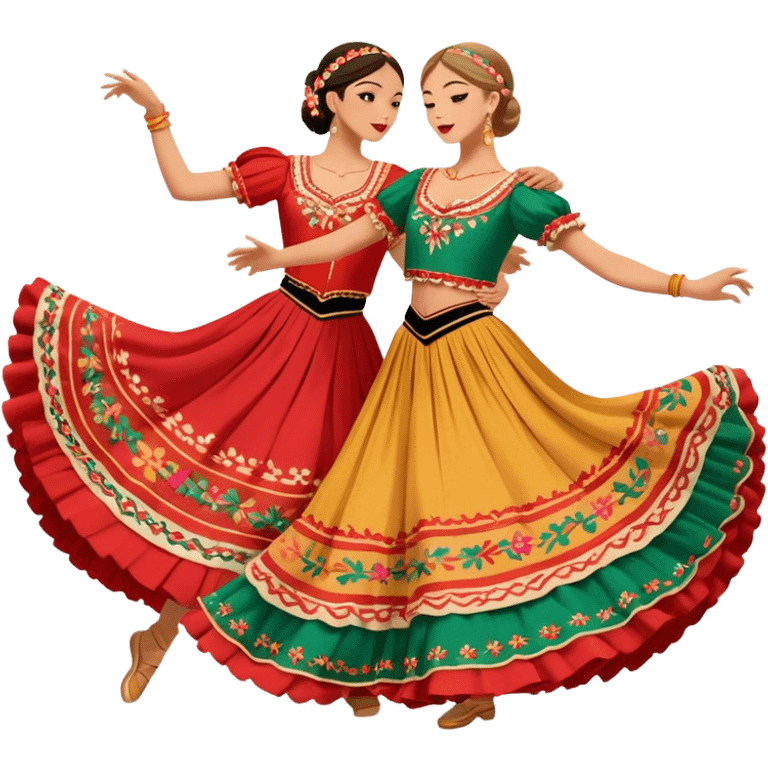 Cinematic Realistic scene of two dancers performing the Tarantella, dressed in vibrant, flowing traditional costumes with detailed embroidery and dynamic skirts, captured in festive motion with warm, lively lighting emoji