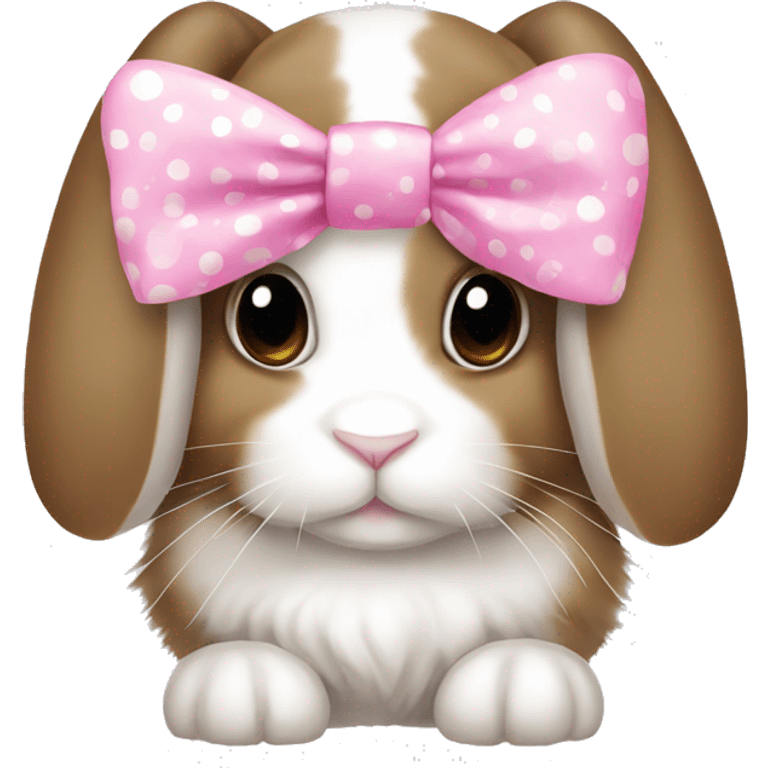 French lop rabbit with white and brown spots wearing a pink bow  emoji