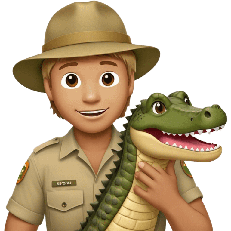 Cinematic Realistic Steve Irwin Portrait Emoji, in his signature khaki attire, holding a crocodile or giving an excited thumbs-up. The scene is lit with vibrant, natural sunlight, emphasizing his adventurous spirit and deep connection to nature. emoji