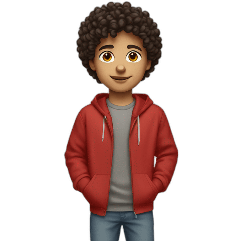 Boy, dark curly hair, brown eyes, red sweatshirt Nike emoji