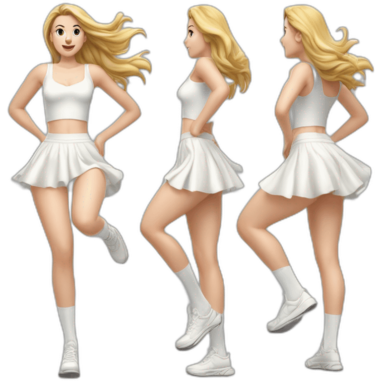 hyperrealistic-full-body-caucasian-curvy-beauty-jumping-small white-skirt-back-and-front-views-strong-wind-white knickers white socks emoji