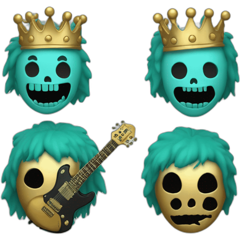 Soolking brook ;black affro cut ;turquoise electric guitar;golden crown ;skeletal face emoji