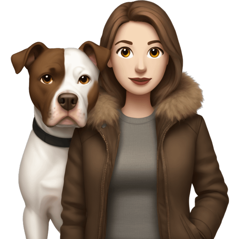 white woman with long brown hair in a furry jacket standing alongside a white pitbull with a brown patch around his eye emoji