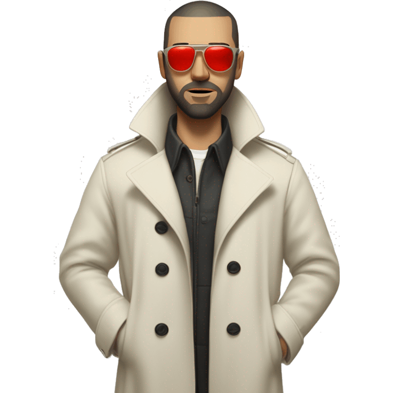 <excerpt>
A white man with real buzz cut Black hair, beard stubble donning small red tinted sun glasses in a dirty white trench coat, is serious.
</excerpt> emoji