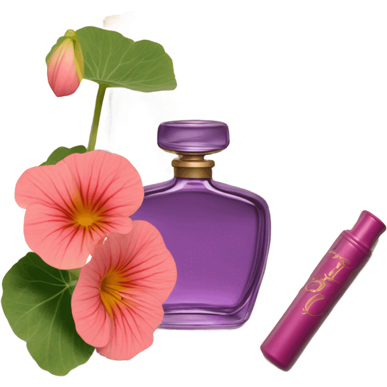 Aesthetic display of blush violet nasturtiums, an elegant deep pink perfume bottle, and a vintage love violet letter written in flowing script. emoji