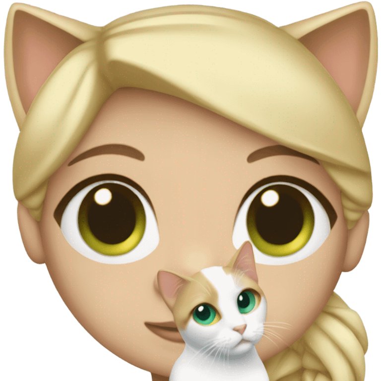 Blue eyes blonde girl, holding a calico cat with green eyes emoji