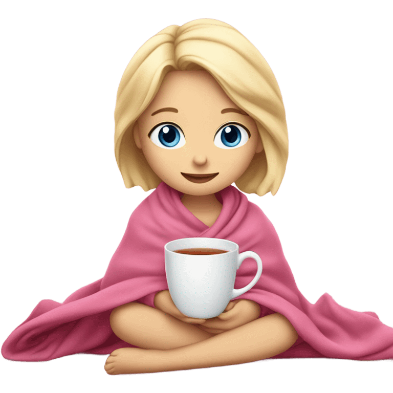 Cute blonde little girl blue eyes cup of tea pink blanket emoji