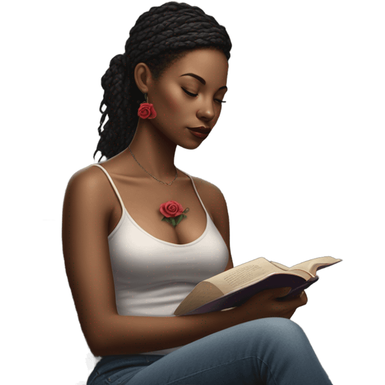 Hyper Realistic beautiful woman model with a small rose tattoo reading a book  emoji