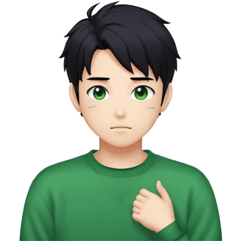 Gorgeous green sweater black hair anime style shojo guy with blushing face and gamer, aesthetic, trending style outside  emoji