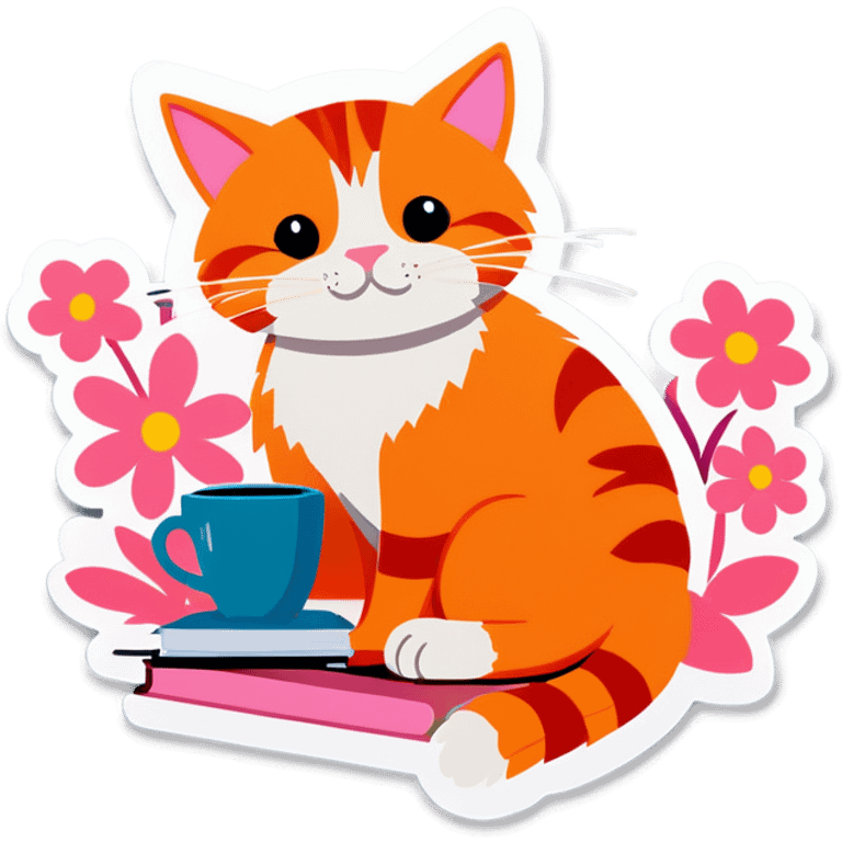 Orange cat studying with coffee and pink flowers emoji