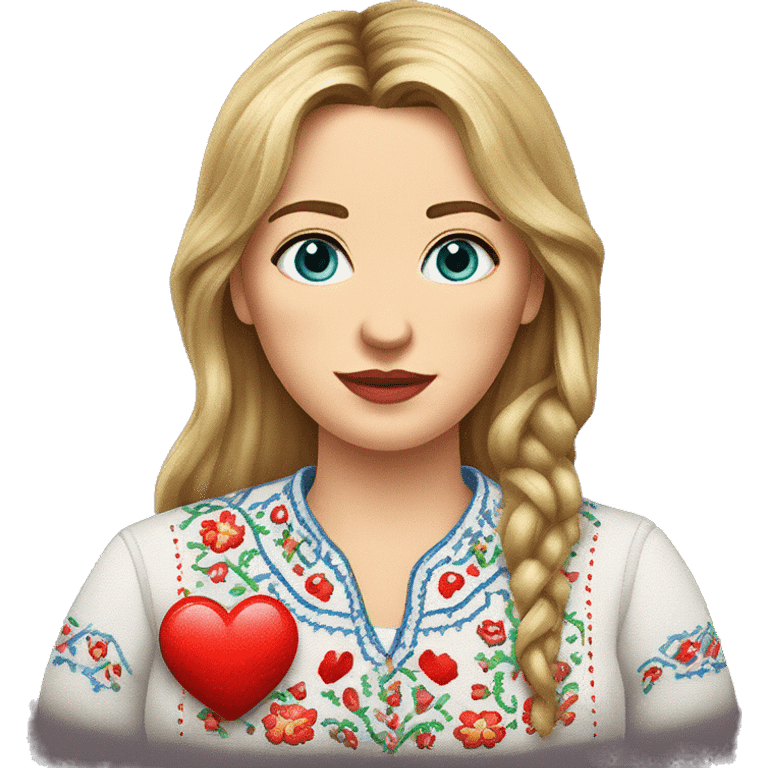 A Ukrainian woman in an embroidered shirt holds a heart in her hands emoji