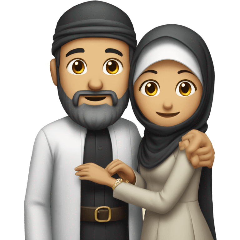 a man with a topi and beard, with a woman with a hijab, and they are getting married putting a ring on each others ha emoji