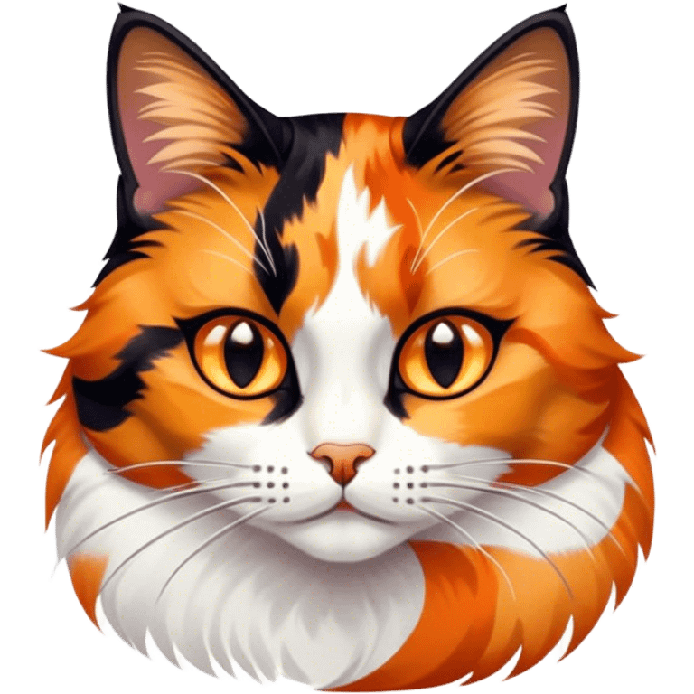 Cinematic Noble Calico Cat Portrait Emoji, Poised and regal, with a striking patchwork fur in vibrant orange, black, and white hues, delicate whiskers and a refined, focused gaze, simplified yet exquisitely detailed, glowing with a soft, moonlit radiance and an air of aristocratic elegance, high shine, exuding dignified intelligence and poised authority, soft glowing outline, capturing the essence of a watchful and noble calico cat that appears ready to grace the screen with effortless majesty! emoji