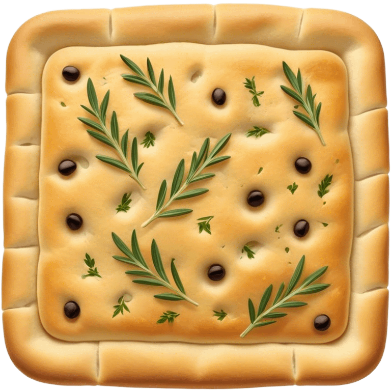 Focaccia Cinematic Realistic Focaccia Bread Dish Emoji, depicted as a golden, olive-oil brushed flatbread sprinkled with herbs, rendered with lifelike textures and warm, inviting lighting. emoji