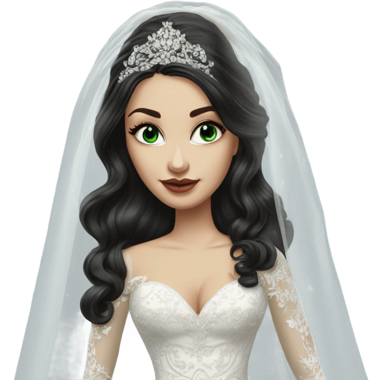 Hyper Realistic ornate ballgown long sleeve Wedding dress with diamanté on Russian bride with pale skin and green eyes and long black hair with veil hyper realistic  emoji