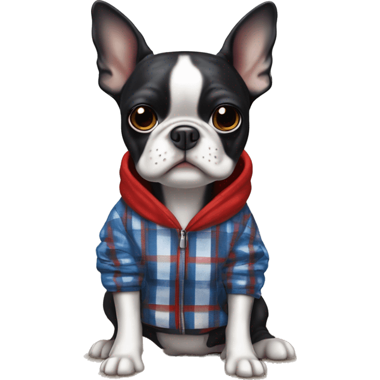 Boston terrier in a blue white red plaid hoodie ￼ emoji