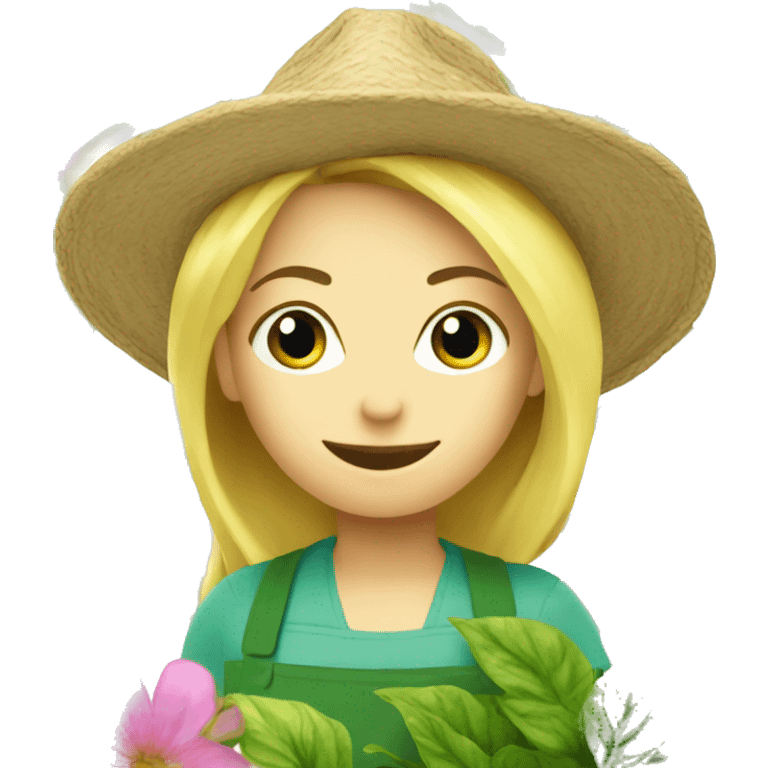 Blonde woman gardener with plant emoji