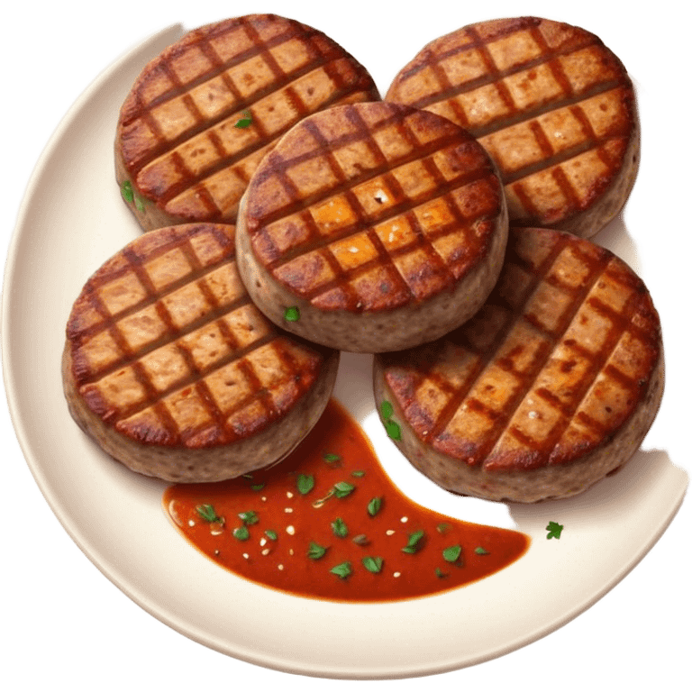 Cinematic Realistic image of Turkish Köfte, presented as perfectly formed, spiced meat patties with detailed textures and subtle grill marks, arranged artfully on a simple plate and illuminated by warm, appetizing lighting that accentuates their savory appeal. emoji