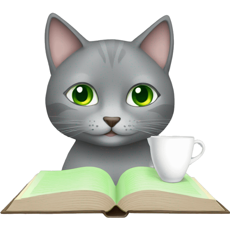 gray cat with green eyes drinks coffee and reads a book emoji