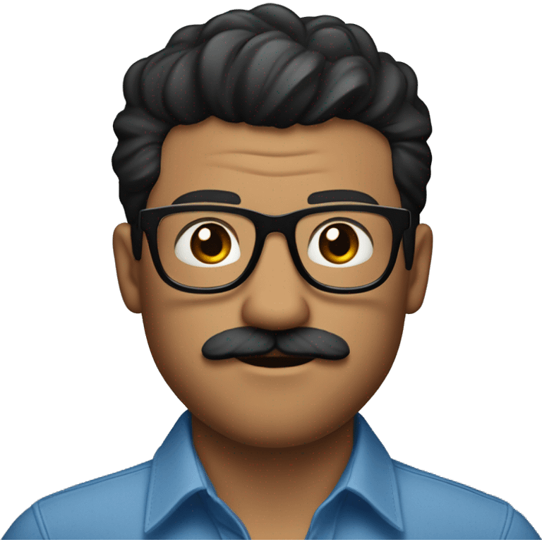  emoji of white man, black hair. blue button up shirt, black glasses, bear and mustache. tattoo of rose on right arm and apple watch emoji