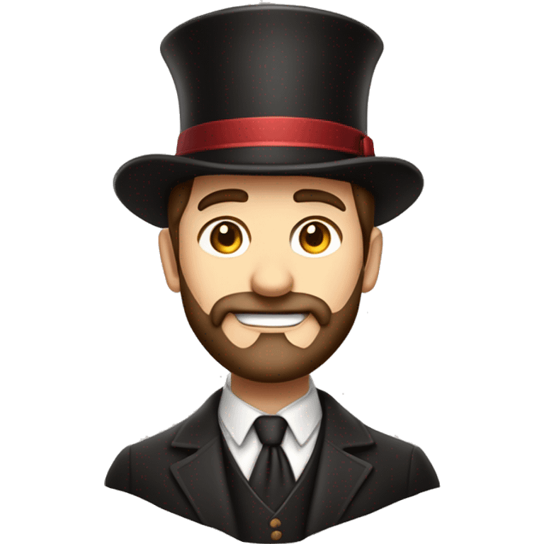 Emoji of a confident man with a neatly groomed beard and styled brown hair, wearing a magician's hat. Simple and expressive design with clean details, capturing charm and elegance. emoji