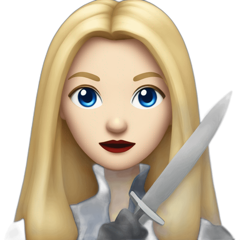 beautiful vampire spy woman with long blonde hair and blonde straight bangs and blue eyes wielding knives serious expression emoji