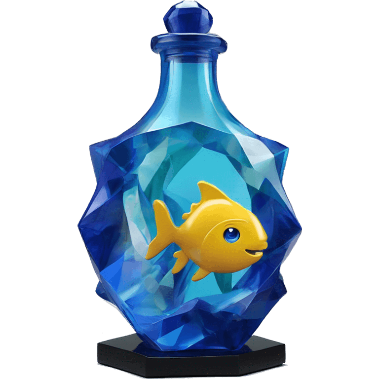 symbolic ocean in a bottle sculpture symbolizing Pisces with a geometric, faceted design. The bottle is standing upright with angular and baroque features. The vibrant deep blue waves colors highlights the sharp edges and planes.  emoji