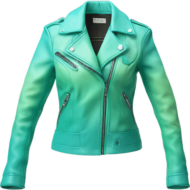 Hyper Realistic open tiffany blue ,pistachio green,sky blue and mint green ombre feminine fashion leather jacket. emoji