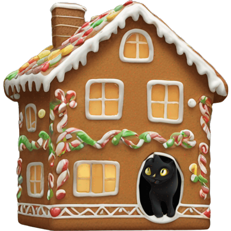 ginger bread house with a black cat in the window emoji