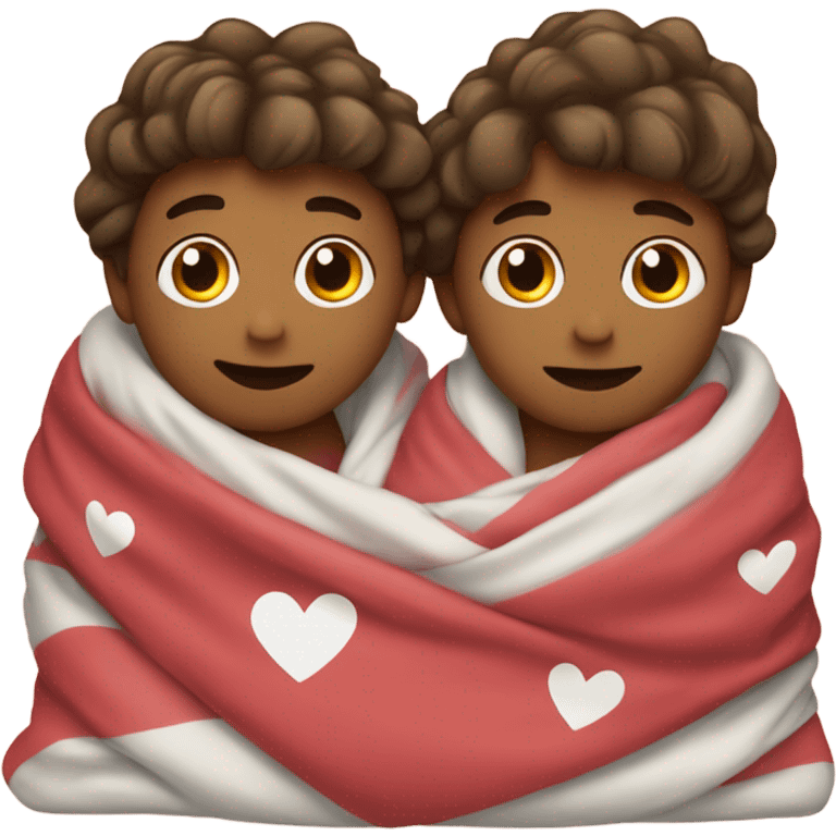 Two boys wrapped in blanket with hearts emoji