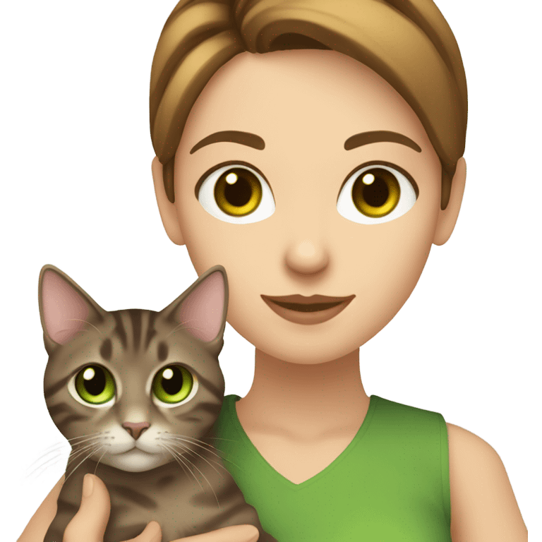 Caucasian women with brown hair and brown eyes holding a tabby cat with green eyes emoji