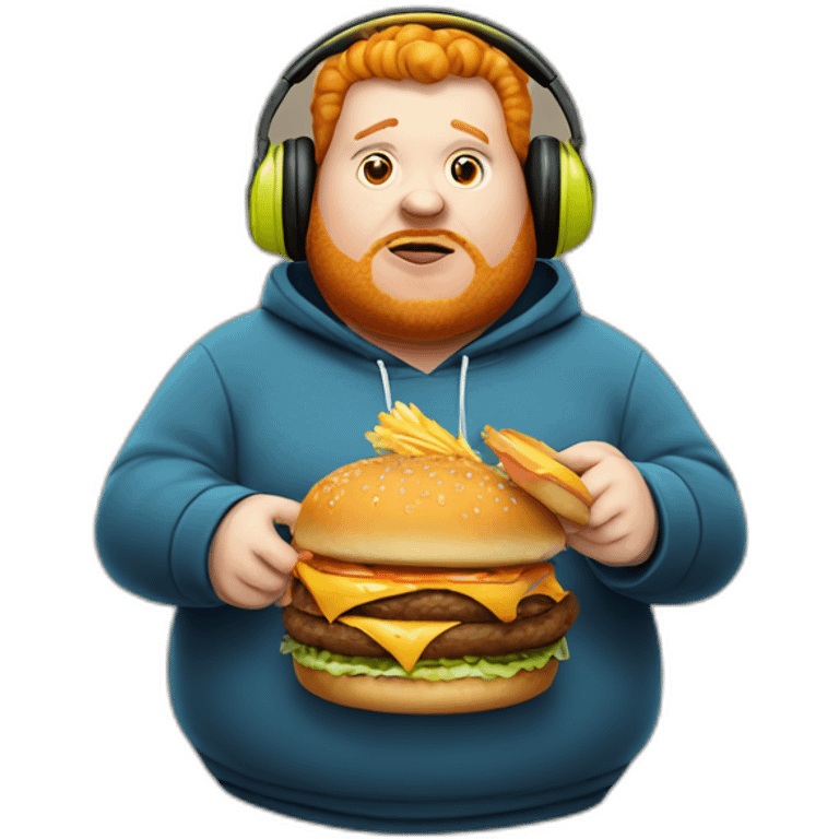 Fat man wearing a hoodie and headphones, ginger, eating a burger emoji