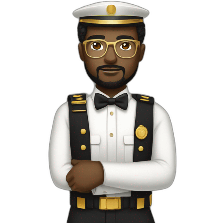 black soldier with beard, part in black hair, white collared shirt, bow tie, gold frame glasses, bulletproof vest  emoji