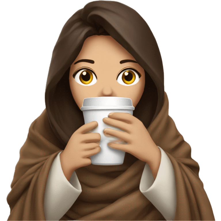 Brunette Drinking coffee wrapped in blanket emoji