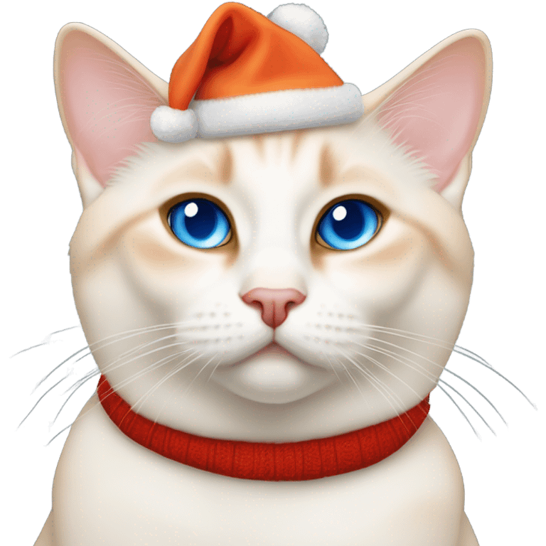 chubby flame point Siamese, white fur with orange accents and blue eyes wearing a red christmas hat  emoji