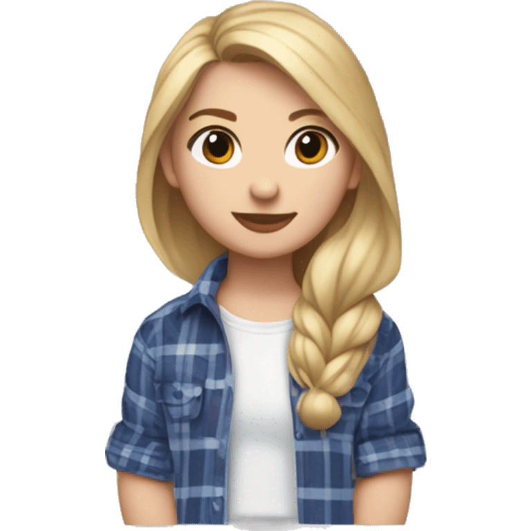 Fair skinned girl with blonde and hair hazel eyes wearing a blue pheasant earring and white shirt and red plaid flannel emoji