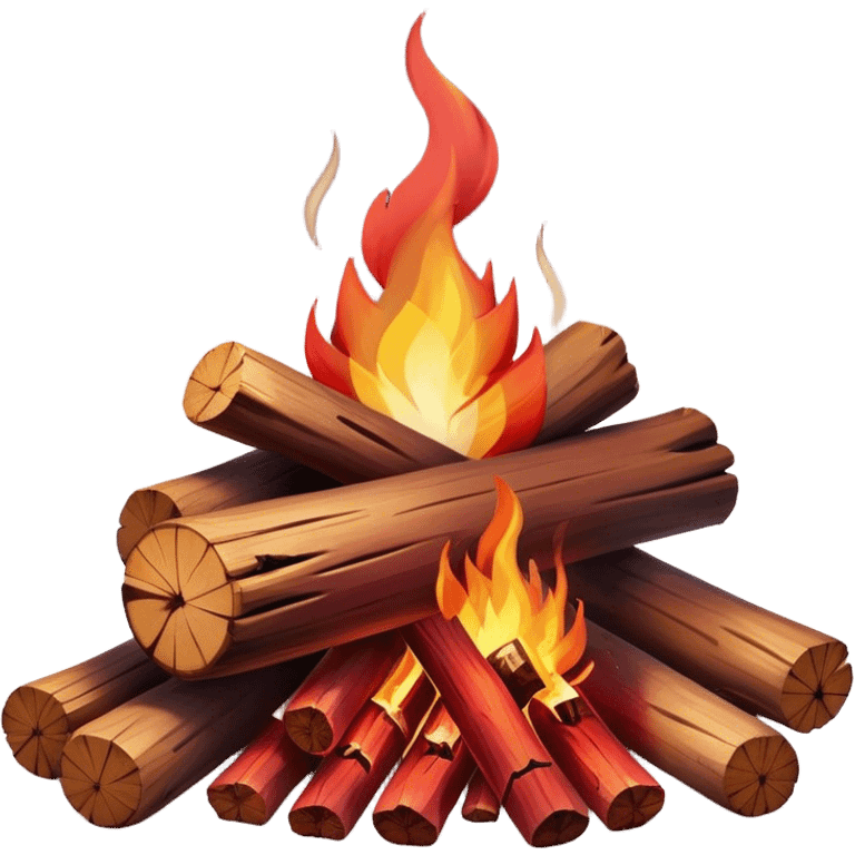 Cinematic Realistic Campfire, a roaring flame crackling atop carefully arranged logs, embers glowing deep red, golden light casting soft flickering shadows, gentle smoke drifting upwards, glowing with warmth and coziness. emoji