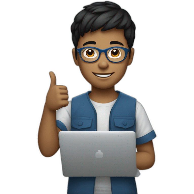 white young boy with blue glasses, short black hair, shaven on both sides, holding a laptop with one hand while the other hand is making the thumb up gesture emoji