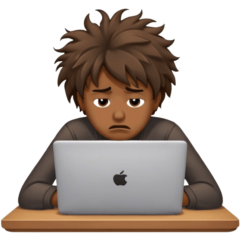 Create an emoji of a tired person sitting at a laptop, looking exhausted and frustrated. They have slouched posture and messy hair, representing overwork and burnout. emoji