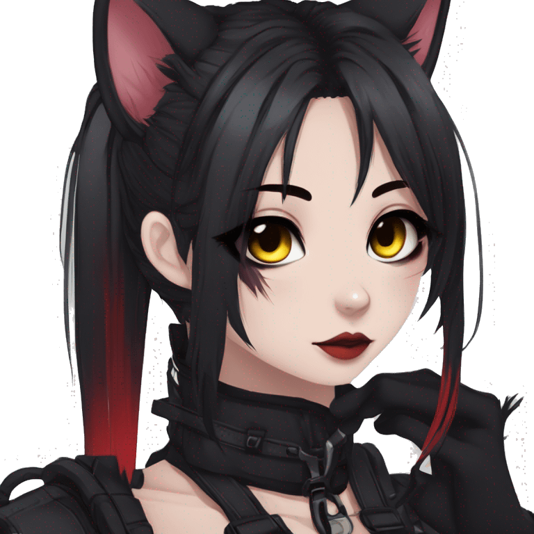 Gorgeous gothic dark techwear anime style anthro cat furry with blushing face aesthetic and pretty edgy black red punk messy ponytail hair with collar and harness trending style emoji