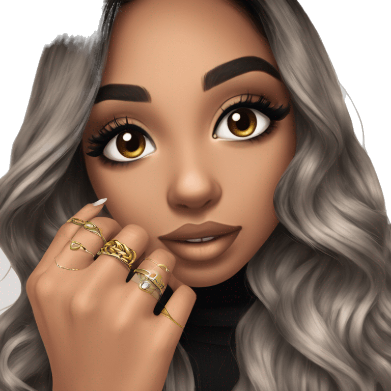 Glamorous, streetwear, black balayage hair, long wavy hair, olive skin, brown almond eyes, winged eyeliner with big lashes, wearing hooped earrings, rings and bracelets  emoji