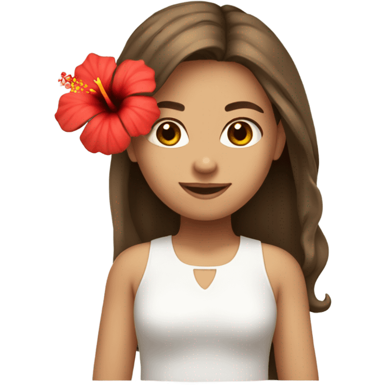 Brown haired girl with one red hibiscus flower in her hair wearing a white top emoji