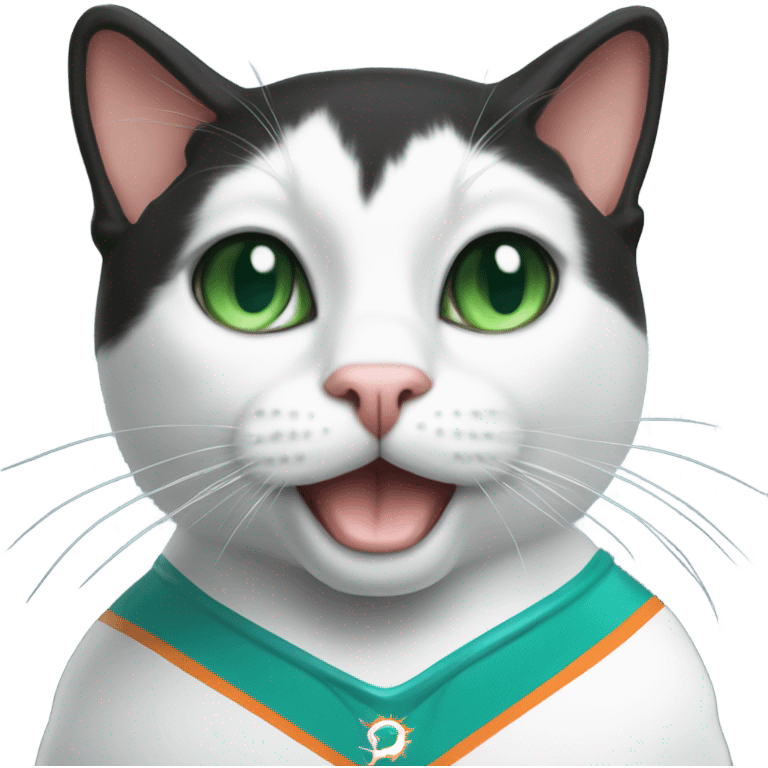 Tuxedo cat - green eyes wearing miami dolphins jersey emoji