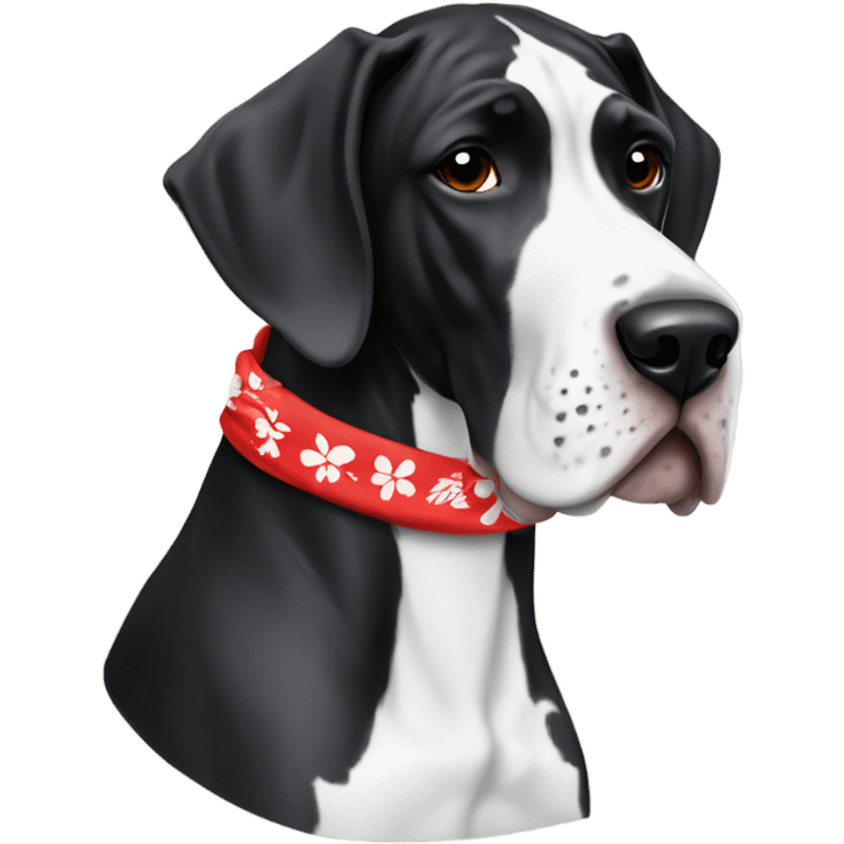 Black white Great Dane with Hawaiian red bandana emoji