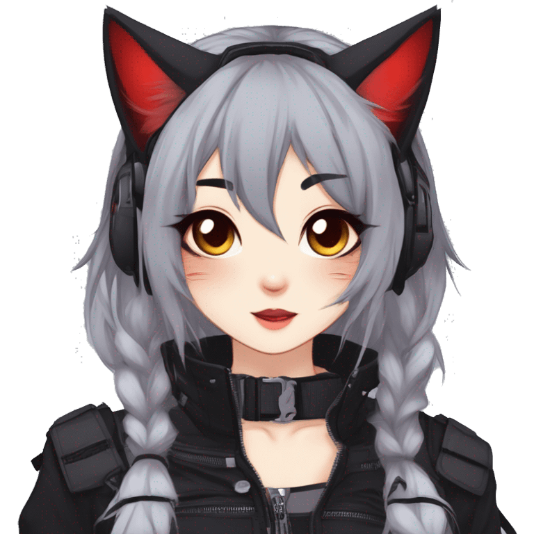 Gorgeous gothic dark techwear anime style anthro cat furry sona with blushing face aesthetic and pretty edgy black red punk messy ponytail hair with collar and harness trending style emoji