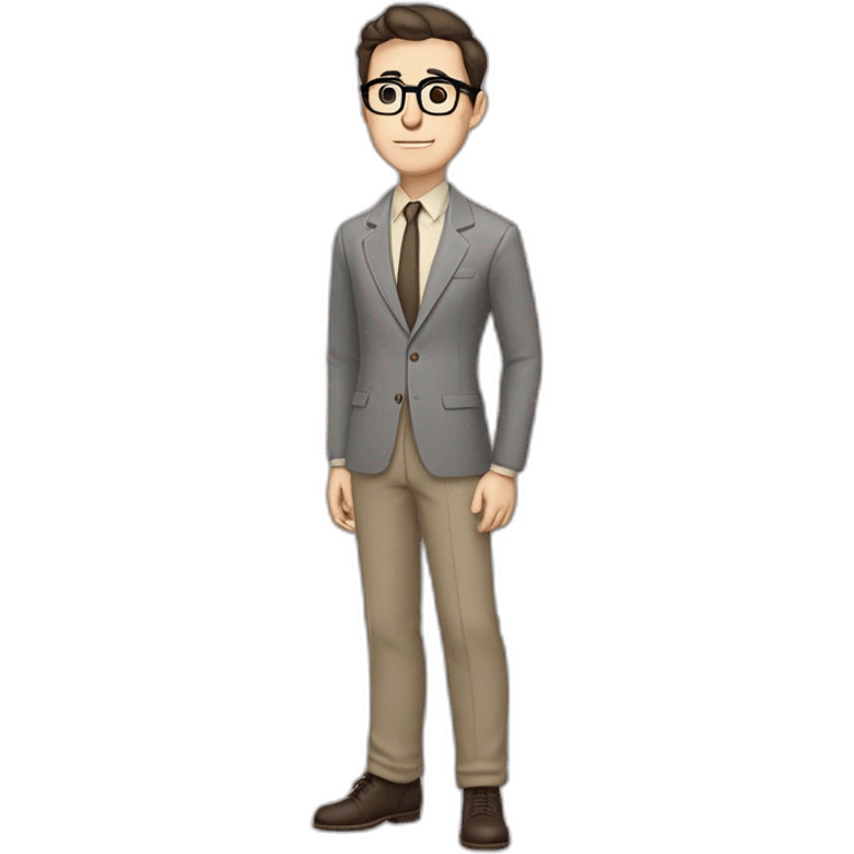 Full height Pale skinned Fit Man With dark brown hair in gray jacket, beige office shirt, tie, Brown pants and vintage glasses. Thrumbs of his palms directed up emoji