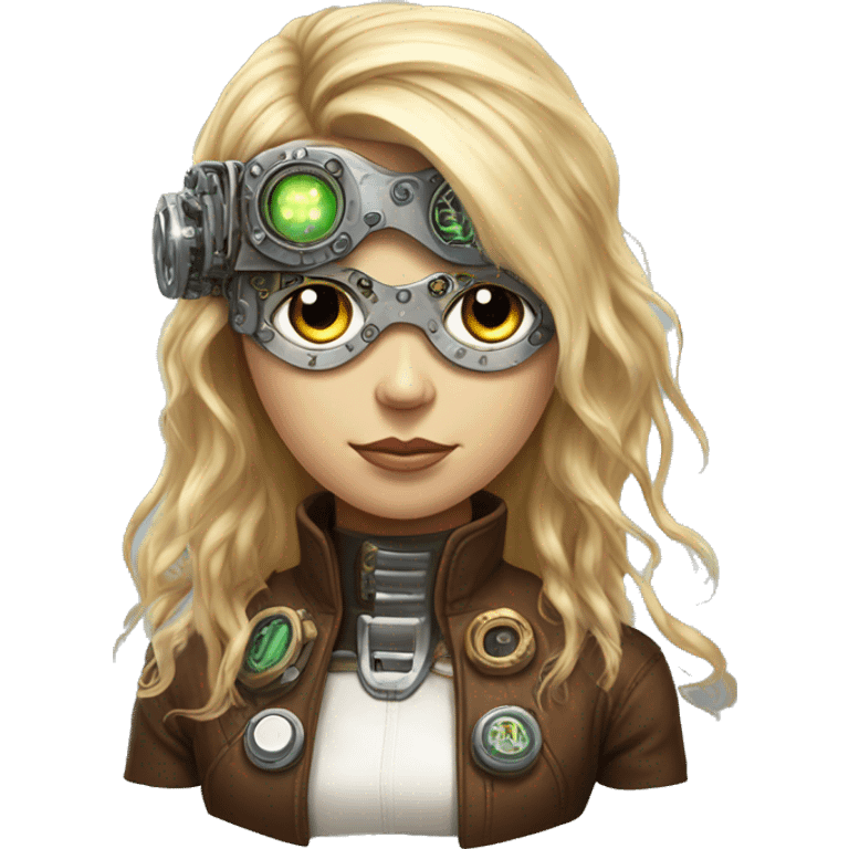 Brown long hair with blonde steaks female cyborg head, fair skin, steampunk goggles and circuits emoji