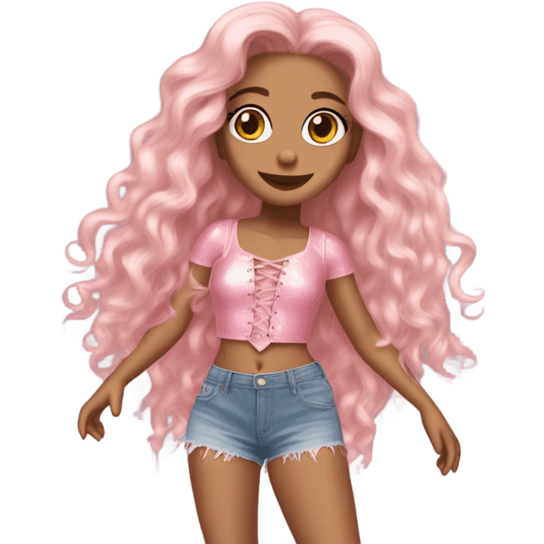 Glinda wearing a pink Shakira lace up croc top and short jeans  emoji